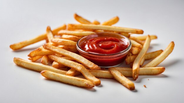 High quality image of crispy french fries with one red ketchup on a clean background