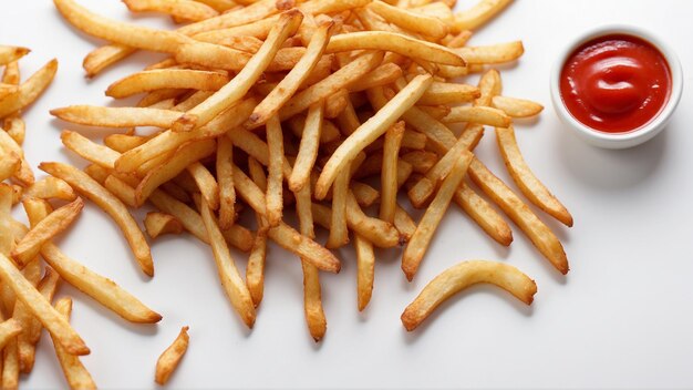 Foto immagine di alta qualità di patatine fritte croccanti con un ketchup rosso su uno sfondo bianco