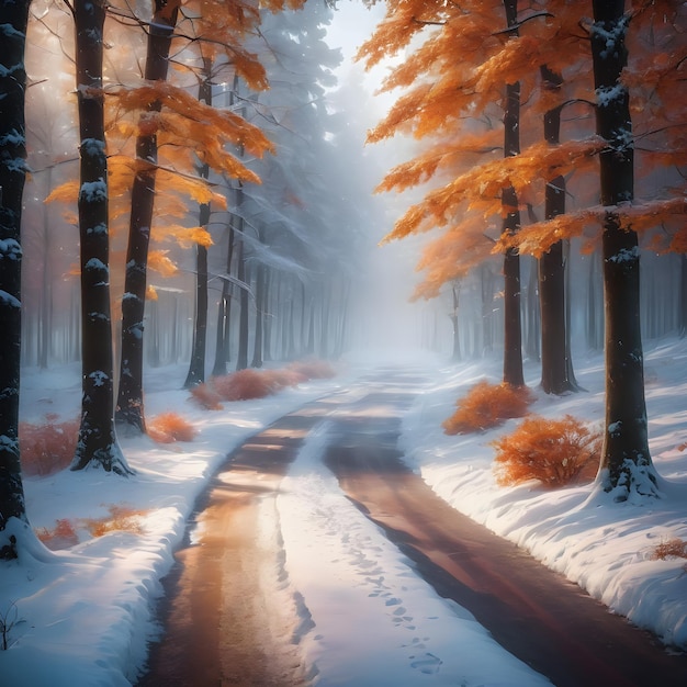 Высококачественное изображение очаровательной осенней сцены в зимнем снегу.