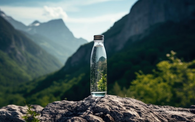 High quality image of a water bottle on a textured surface with mountains