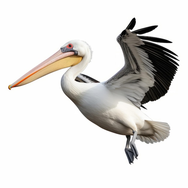 白い背景の上に飛行中の高品質のペリカン鳥
