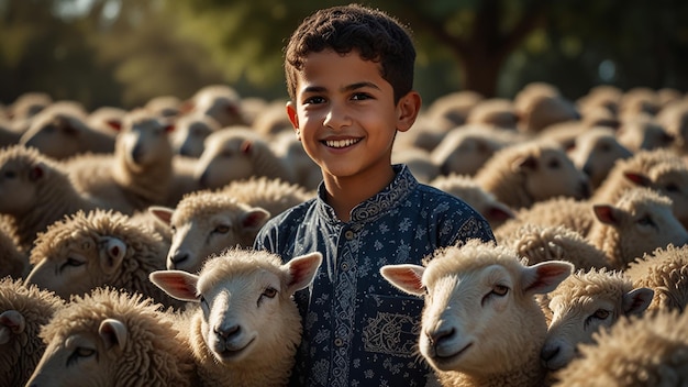 Фото Фото высокого качества мусульманский мальчик с группой овец концепция ид аль-адха