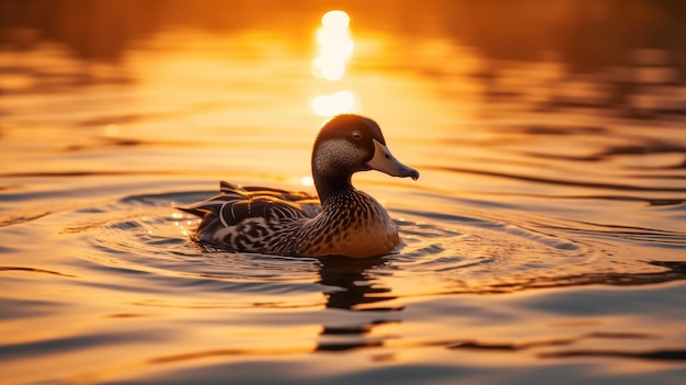 日没時の水の中のアヒルのシルエットの高品質写真