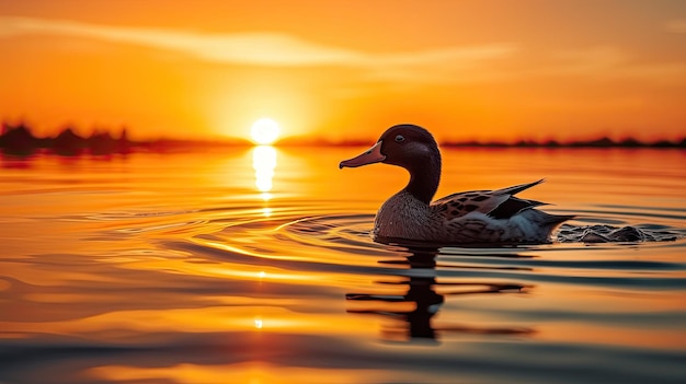 Высококачественное фото силуэта утки в воде во время заката