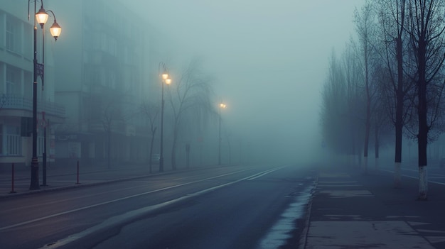 Photo high quality photo of an empty street in thick fog the atmosphere of danger loneliness and mysticism