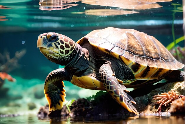 Foto fotografia di alta qualità di una tutle nell'acqua bokeh dettagliata