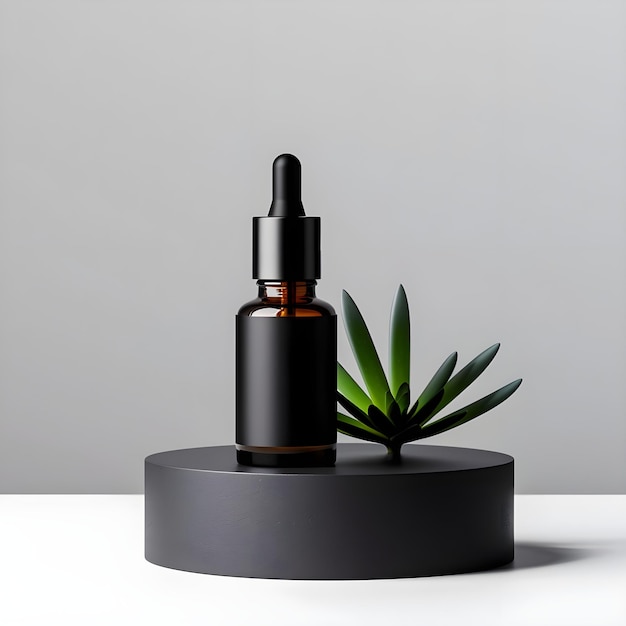 a high quality product shot of a bottle of essential oil with a dropper and a matte black label