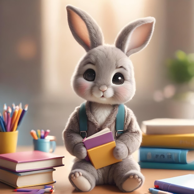 A high quality professional photo of a little bunny sitting at a school desk