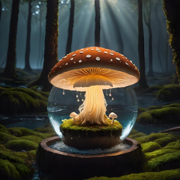 A high quality professional photo of a mushroom lantern glowing in the dark earth