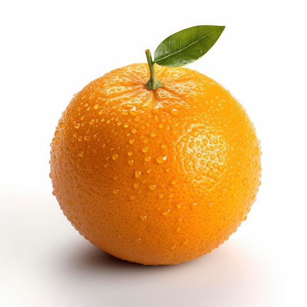high quality realistic isolated image of a ripe orange fruit with a green leaf on it
