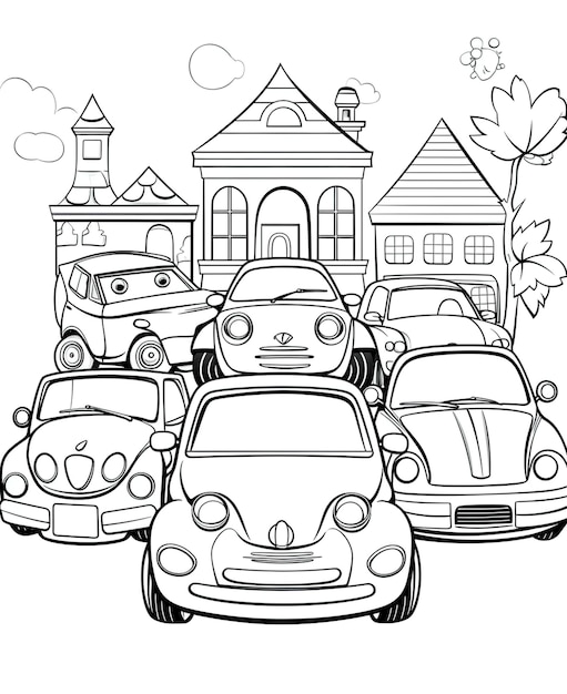 Photo high quality and resolution coloring page for kids with cute cartoon car