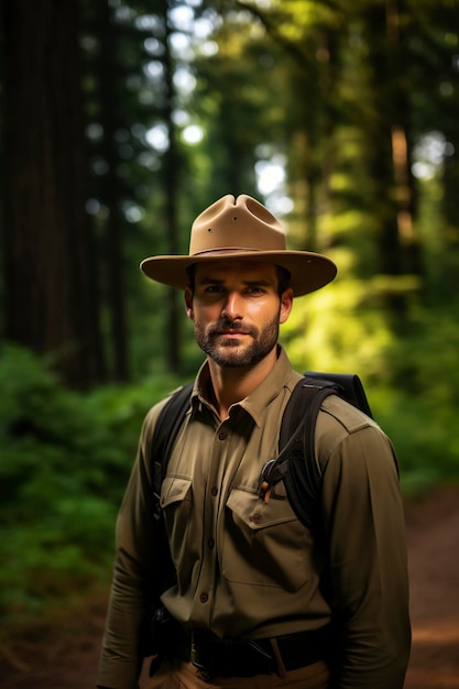 Photo high quality serious ranger in the forest