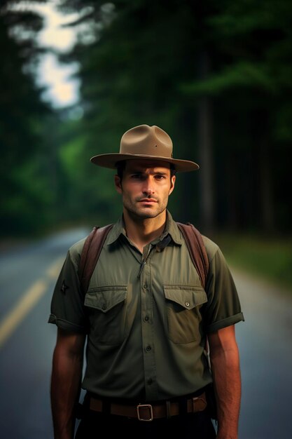 Photo high quality serious ranger in the forest