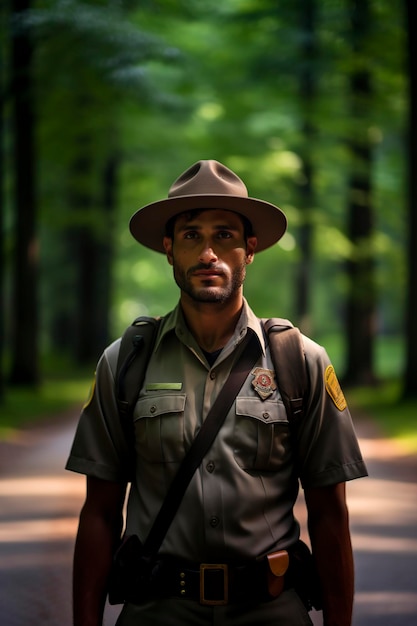 Photo high quality serious ranger in the forest