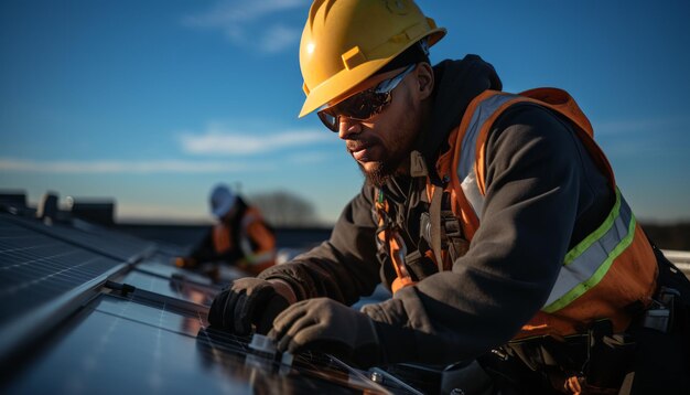 Photo high quality stock photography two engineers installing solar panels on roof