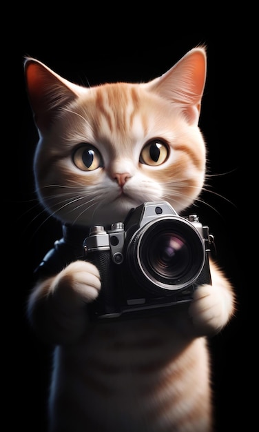 High quality studio photo of a cat holding camera in his hand