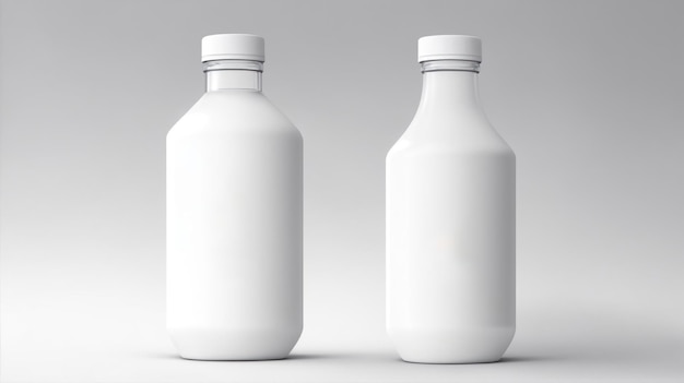 Фото Высококачественный макет упаковки двух стеклянных белых бутылок на изолированном фоне
