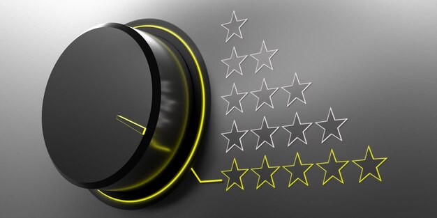 High rating concept from 1 to 5 stars Black knob on grey background 3d illustration