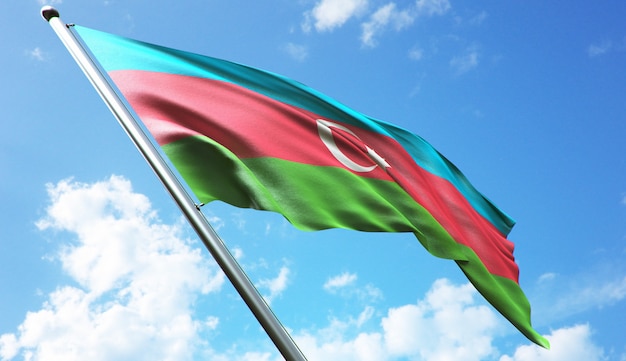 High resolution 3D rendering illustration of the Azerbaijan flag with a blue sky background