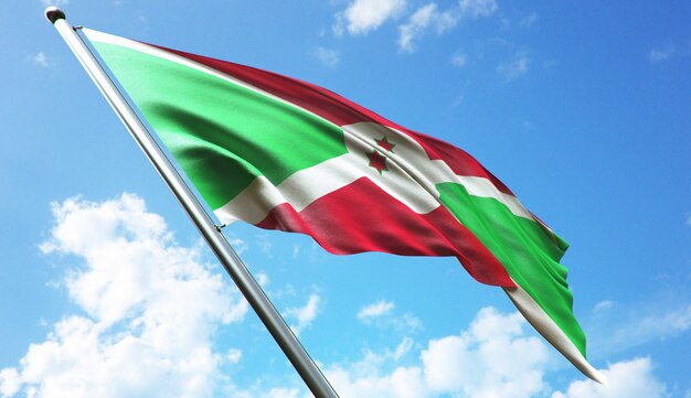 High resolution 3D rendering illustration of the Burundi flag with a blue sky background