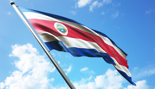 High resolution 3D rendering illustration of the Costa Ric flag with a blue sky background