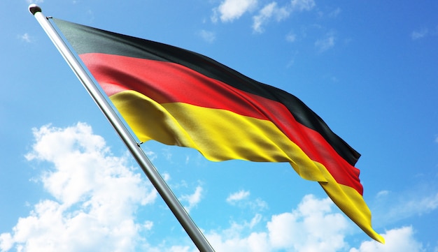 Illustrazione di rendering 3d ad alta risoluzione della bandiera della germania con uno sfondo di cielo blu