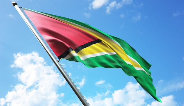 High resolution 3D rendering illustration of the Guyana flag with a blue sky background