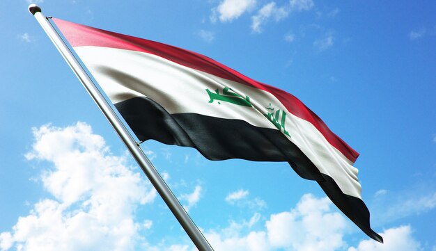 Иллюстрация 3D-рендеринга флага Ирака с высоким разрешением на фоне голубого неба