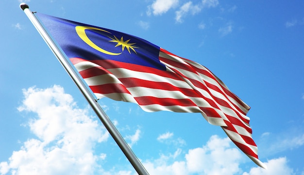 High resolution 3D rendering illustration of the Malaysia flag with a blue sky background