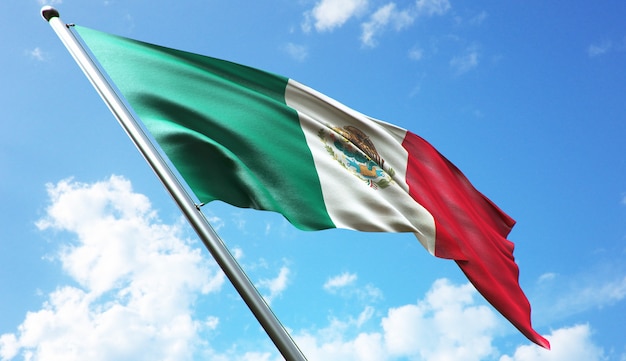 High resolution 3D rendering illustration of the Mexico flag with a blue sky background