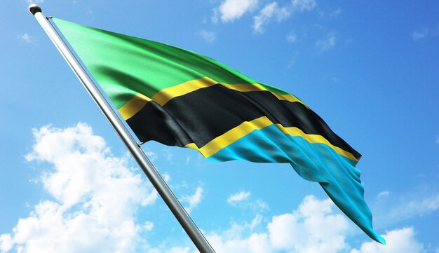 High resolution 3D rendering illustration of the Tanzania flag with a blue sky background