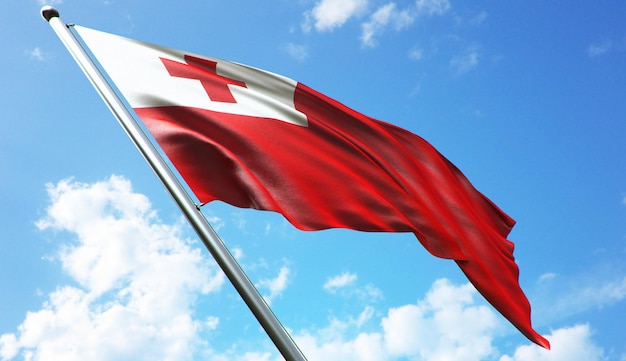 High resolution 3d rendering illustration of the Tonga flag with a blue sky background