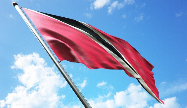 High resolution 3D rendering illustration of the Trinidad and Tobago flag with a blue sky background