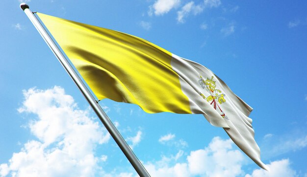 High resolution 3D rendering illustration of the Vatican City flag with a blue sky background