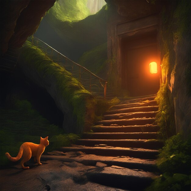 High Resolution Cgi Artcapturing The Essence Of A Abandoned Staircase Small Sinister Cat Chases