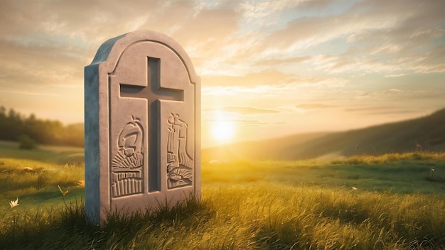 Высокое разрешение Пасхальное воскресенье концепция пустая могила камень с крестом на лугу восход солнца 3D рендеринг
