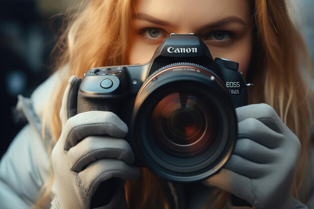 A high resolution image of woman taking your photo with a cannon dslr camera close up on lense hd