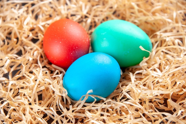 High resolution photo of colored eggs laid up