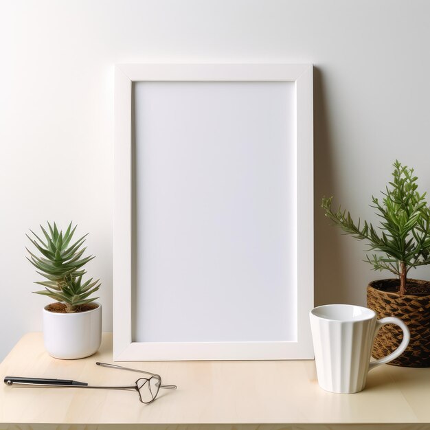 Photo high resolution very detailed mockup picture frame empty picture frame on table with office supplies on the background top down view ar 11 job id 10722a3d62624db2b8729a92fc5267a4