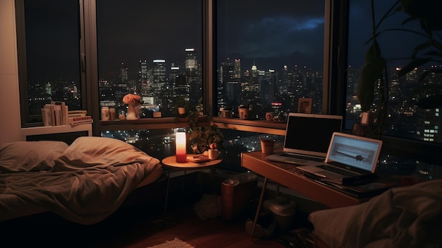 High rise apartment at night working on a laptop with city views out the window