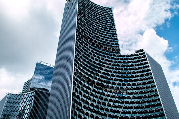 High-rise buildings and blue sky