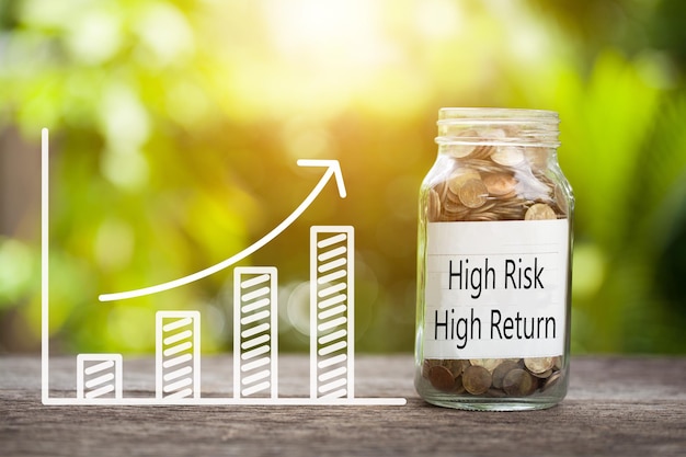 High risk high return Word With Coin In Glass Jar and graph up. Financial Concept.