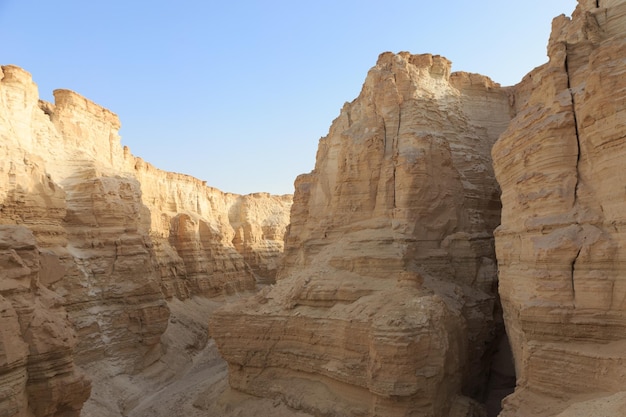 写真 ジュディアン砂漠の高い岩だらけの峡谷の壁