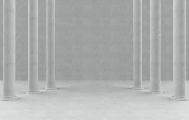 High roman style pole rows in empty cement room background.