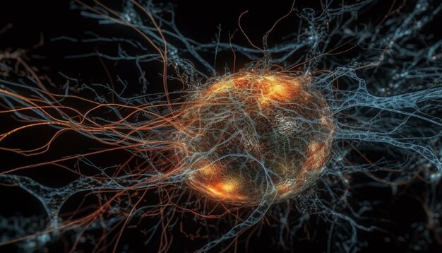 High scale magnification reveals glowing neural axons in human brain generated by artificial intelligence