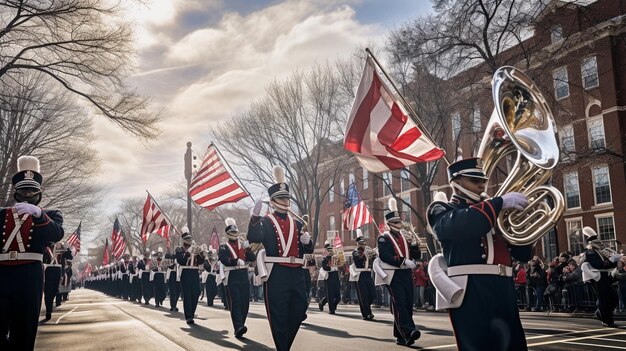 Photo high school band marches in patriotic parade