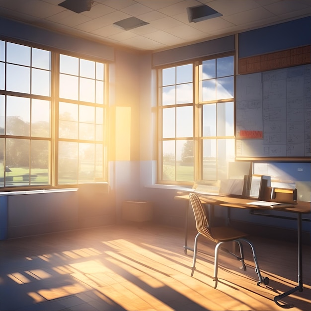 Фон комнаты класса средней школы, приближается мало солнечного света