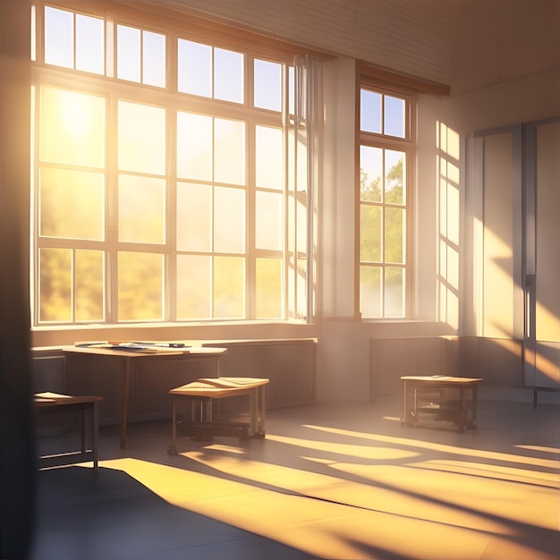 Фон комнаты класса средней школы, приближается мало солнечного света