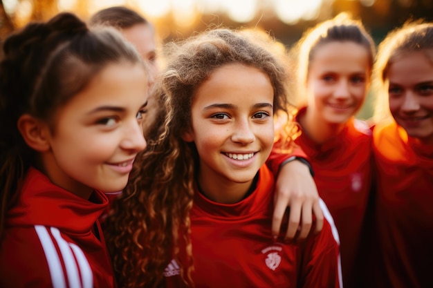 High school female soccer team players in a group