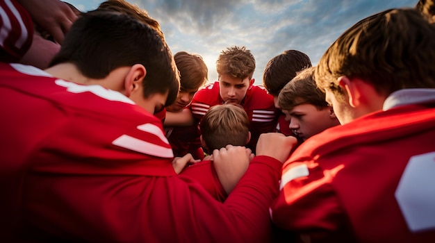Photo high school football team huddle during an evening game